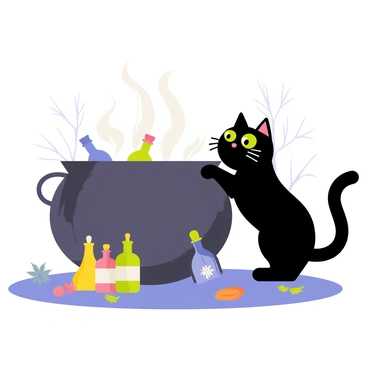 A curious black cat with bright green eyes is peeking into a large, round, steaming cauldron. The cauldron is positioned on a stone surface, and wisps of white steam are rising from it. Surrounding the cauldron are various colorful potion bottles and herbs scattered on the ground. The cat has its ears perked up and its tail is curled with interest. In the background, there are shadowy outlines of trees that suggest a nighttime setting.