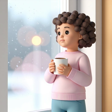 A young girl, around six years old, with curly brown hair, is standing by a window. She is wearing a soft pink sweater and blue jeans. The glass is covered in droplets of rain, creating a blurred view of the outside. The girl is holding a white mug filled with hot chocolate, her small hands wrapped around it for warmth. She gazes out thoughtfully, her expression a mix of curiosity and comfort. A gentle glow from the indoor light reflects on the window, adding a cozy atmosphere to the scene.