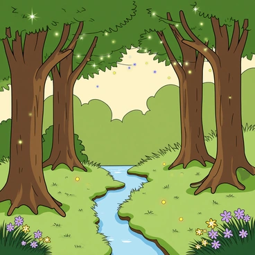 A hidden grove surrounded by tall, leafy trees with thick trunks and lush green foliage. The ground is covered in soft, mossy grass, dotted with colorful wildflowers in shades of purple, yellow, and white. Tiny fairy lights are suspended in the air, glowing softly and twinkling as they gently sway, creating a magical atmosphere. Sunlight filters through the tree branches, casting playful shadows on the ground. In the background, a small, clear stream flows quietly, adding to the serene ambiance of the grove.