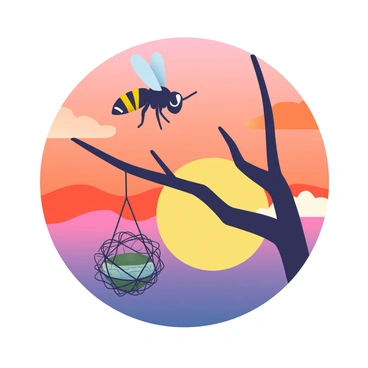 A hornet is depicted in silhouette, its wings spread wide, as it flies toward a nest hanging from a tree branch. The background showcases a vibrant sunset with a spectrum of colors, including deep oranges, fiery reds, and soft purples blending together. The nest, made of intricate materials, is visible in the lower part of the image. The silhouette of the hornet stands out clearly against the warm hues of the sky, capturing the moment of its flight.
