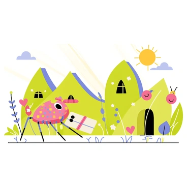 A cartoon-style illustration of a small spider with colorful patterns on its body, carefully carrying tiny letters wrapped in shiny silk threads. The spider is depicted with large, expressive eyes, showing determination as it moves toward a quaint bug village in the background. The village consists of cute insect houses made of leaves and twigs, with cheerful bugs peeking out to see the spider's delivery. Flowers and grasses surround the scene, adding vibrant colors to the setting, while beams of sunlight filter through, enhancing the lively atmosphere.