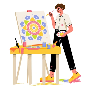 An artist with curly brown hair is focusing intently on a large rectangular canvas. The canvas displays a vibrant mandala filled with intricate patterns in bright colors, including shades of blue, red, yellow, and green. The artist is holding a paintbrush in one hand and has a palette of paints in the other hand. Around the artist, there are various paint tubes and brushes scattered across a wooden table. The background has a splash of color from paint splatters on the floor and walls, showcasing a creative and energetic atmosphere.