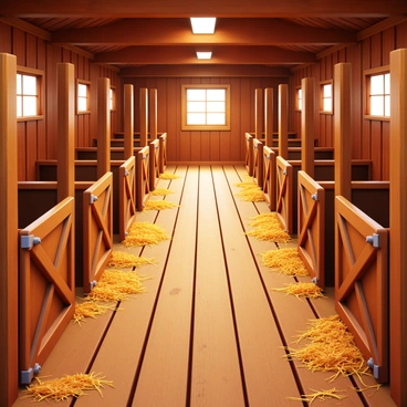 A rustic barn floor made of weathered wooden planks, showing signs of age and wear. Various patches of dry, golden hay scattered across the floor, adding texture and color. Several wooden stalls line the walls, each with simple wooden gates, creating a warm and inviting atmosphere. The stalls are empty, with hints of animals having occupied them recently. Soft light filtering through small windows, illuminating the scene and highlighting the natural tones of the wood and hay.