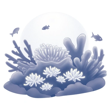 A coral reef filled with diverse marine life. Various corals display intricate shapes and textures, with some emitting a soft, glowing light. Small fish dart in and out among the coral formations, while a few larger fish swim gracefully in the background. The scene is illuminated by soft moonlight, casting gentle shadows across the reef. The water is clear, allowing for a detailed view of the underwater environment, showcasing the beauty of the bioluminescent features.