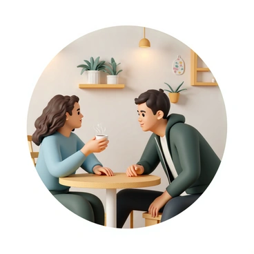 Two friends are seated at a small round café table with a textured wooden surface. One friend, a woman with long, curly brown hair, is wearing a light blue sweater and holding a steaming cup of coffee. The other friend, a man with short black hair, is dressed in a dark green jacket and is leaning forward, intently listening. They both have relaxed expressions, and the café background features soft, warm lighting, with a few potted plants and vintage wall art creating a cozy atmosphere.