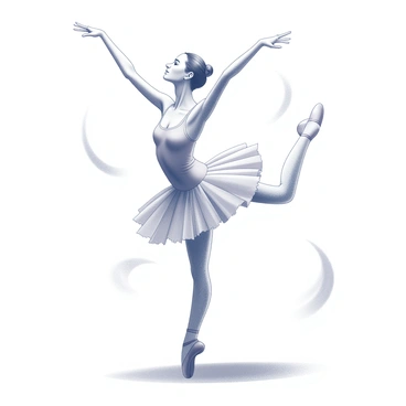 A ballet dancer is captured in mid-performance on a stage. The dancer is dressed in a flowing tutu and ballet slippers, showcasing an elegant pose with one arm raised gracefully above the head. The other arm extends out to the side, highlighting the fluidity of the movement. The dancer's legs are positioned in a classic ballet stance, with one leg lifted high, demonstrating strength and poise. The stage is set with a simple backdrop, allowing the focus to remain on the dancer's form and the intricate details of the costume. Surrounding the dancer are hints of stage lighting, creating dramatic shadows and enhancing the overall composition.