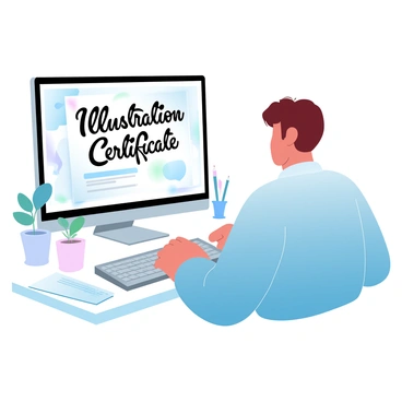 A student is sitting in front of a computer screen displaying an illustration certificate. The student has short hair and is wearing a comfortable sweater. The certificate prominently features the words "Illustration Certificate" in decorative font. The background of the screen shows a colorful digital artwork. The surrounding desk is cluttered with art supplies, including colored pencils and sketchbooks. A small potted plant is visible next to the computer.