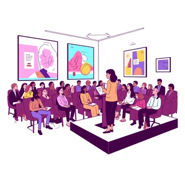 An illustrator stands at a podium, passionately giving a speech about their work. The hall is filled with a captivated audience, seated on rows of stylish chairs. The audience members are engaged, some taking notes, while others are looking intently at the illustrator. Behind the podium, large, vibrant illustrations are displayed on the museum walls, showcasing various pieces of the illustrator's work. Soft lighting highlights the illustrations, enhancing their colors and details. The atmosphere is lively, with a sense of inspiration and enthusiasm in the air.