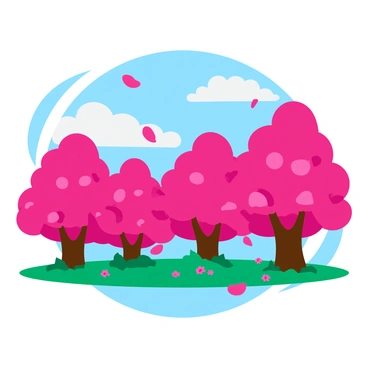 A bright scene featuring numerous cherry blossom trees in full bloom, showcasing clusters of pink flowers. The trees stand tall against a clear blue sky, creating a vibrant contrast. A few petals float gently down, captured mid-fall. The ground is dotted with fallen blossoms, adding to the picturesque view. The overall atmosphere displays the beauty of nature in springtime.