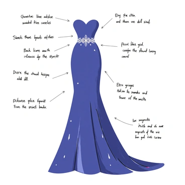 A fashion sketch depicting a glamorous evening gown with an elegant silhouette. The gown features a fitted bodice that flows into a voluminous skirt, made of shimmering fabric. Detailed annotations highlight specific features such as the sweetheart neckline, intricate lace details around the waist, and a train that cascades gracefully at the back. The color of the gown is a rich deep blue, and there are small embellishments like sequins scattered throughout the fabric. Surrounding the gown are notes describing fabric choices and design inspirations.