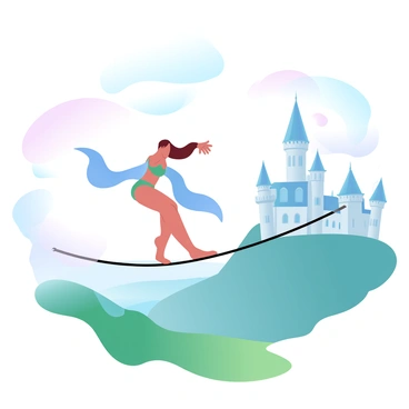 A funambulist crossing a tightrope with a majestic old castle in the background