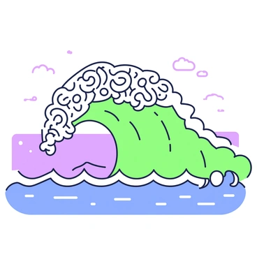 A large wave in the ocean is crashing towards the shore. The crest of the wave is formed by swirling, frothy words that appear to be in motion. The words are arranged in various orientations, creating an intricate pattern at the top of the wave. Below, the body of the wave is a deep blue, contrasting with the frothy crest. In the background, the ocean extends into the horizon, with a clear sky above and small ripples visible on the water's surface.