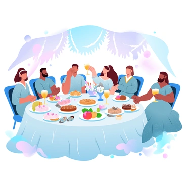 A lavish banquet table is adorned with an array of exotic foods, including vibrant fruits, elaborate pastries, and intricately designed dishes. The table is decorated with golden goblets and ornate plates, with elegant tablecloths flowing to the ground. Seated around the table are fantasy royals dressed in elaborately detailed garments featuring rich textures and flowing fabrics. Some royals are holding goblets in their hands, while others are reaching for various delicacies placed before them. Decorative centerpieces with flowers and fruits enhance the festive atmosphere. Rich tapestries hang in the background, adding to the opulent setting.