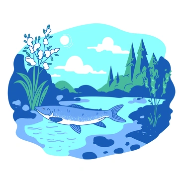 A blue walleye is swimming gracefully in a clear river, surrounded by green aquatic plants swaying gently in the current. The riverbed is visible, featuring smooth pebbles and patches of sandy substrate. Above the water, the sun is shining brightly, casting dappled light patterns on the surface. In the background, there are softly blurred silhouettes of trees starting to bud with fresh leaves, indicating early spring. The scene captures a serene moment of migration as the walleye glides through the vibrant aquatic environment.
