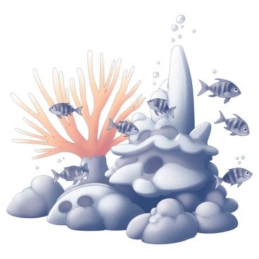 An underwater scene filled with various types of coral formations. There is a prominent structure resembling a reef composed of "orange coral" branches. Different species of fish swim around the coral, some darting in and out of the crevices. The fish have distinctive shapes and patterns, showcasing different sizes and forms. Bubbles rise from the fish as they move gracefully through the water, interacting with the coral and each other. The sunlight filters down from the water's surface, casting soft shadows over the scene.