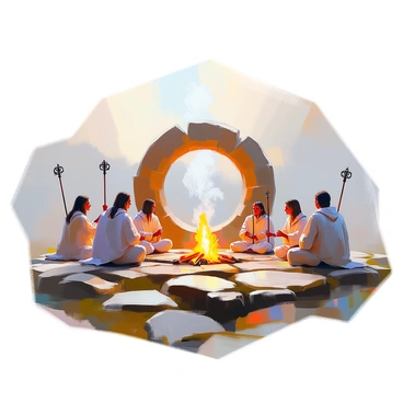 A group of six Anglo-Saxon druids, dressed in long flowing robes made of natural fabrics, are gathered in a circle around a large, ancient stone circle. The early dawn light casts a soft glow over the scene, illuminating the mist that hangs low over the ground. Each druid holds a small wooden staff adorned with intricate carvings. They are engaged in a ritual, with some raising their arms towards the sky while others kneel with their heads bowed. The stones of the circle are weathered and massive, covered in patches of moss and lichen. In the center of the circle, a small fire flickers, sending wisps of smoke rising into the cool morning air. The atmosphere is charged with a sense of reverence and connection to nature.