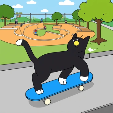 A playful cat with a bold expression, sporting a sleek black coat and white paws, is riding a bright blue skateboard along a gray city sidewalk. The cat is positioned mid-trick, with one paw in the air and its tail raised for balance. In the background, a vibrant skateboard park is visible, filled with ramps and half-pipes, populated by other cartoonish animals enjoying their skateboarding activities. The sun is shining brightly, casting cheerful shadows on the scene, while a few colorful trees line the sidewalk, adding to the lively urban atmosphere.