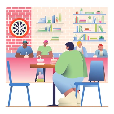 A cozy café interior features a wooden table with two steaming cups of coffee. The walls are made of exposed red bricks, and a dartboard is mounted prominently on one wall. In the background, there are shelves filled with various books and small potted plants. Soft lighting creates a warm atmosphere, and a few patrons can be seen enjoying their drinks at the table. The floor is wooden, adding to the comfortable ambiance of the café.