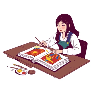 An open illuminated manuscript rests on a wooden table. The pages of the manuscript are richly decorated with intricate illustrations in vibrant colors. A skilled artist sits next to the table, carefully applying gilded details with a small brush. The artist's focused expression reflects the precision required for the delicate work. A small palette of gold and other vibrant colors is placed nearby, alongside several fine brushes. Soft light casts gentle shadows over the manuscript, highlighting the ornate designs on the pages.