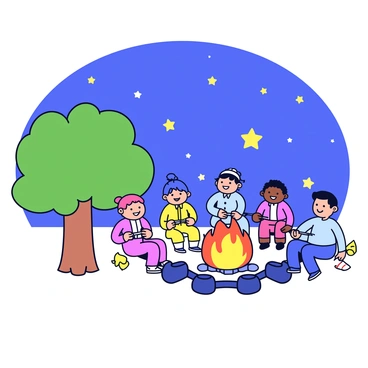 A small green tree with a thick trunk stands next to a cozy campfire. The campfire has bright orange flames and glowing embers. Around the fire, there are several campers, each holding a skewer with a marshmallow. They are smiling and enjoying their time together. Above them, the night sky is filled with numerous stars twinkling in the darkness.