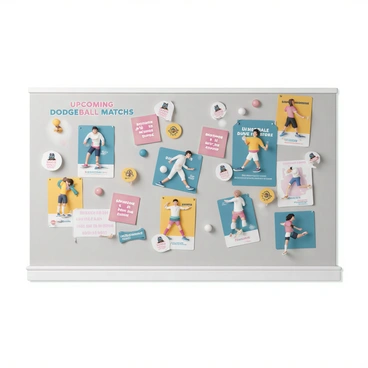 A wall, painted in a light gray color, is covered with various posters. The posters feature vibrant colors and bold text announcing "upcoming dodgeball events" and "matches." Each poster includes illustrations of dodgeball players in action, showcasing dynamic poses and throwing techniques. Some posters highlight specific dates and times, while others emphasize the location of the events. There are also promotional images of dodgeballs and team logos scattered throughout the wall. The overall composition creates an energetic atmosphere, reflecting the excitement surrounding the sport.