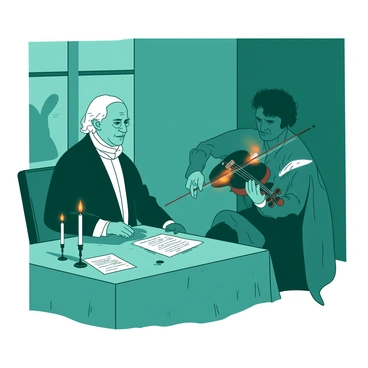 Goethe listening to a musician play violin, immersed in the beauty of the music in a candlelit room.