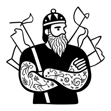 A close-up portrait of a fierce Gaulois warrior. The warrior has a strong, defined jawline and a full beard. Intricate tattoos cover his arms and parts of his torso, showcasing detailed patterns and symbols. He wears a helmet adorned with decorative elements. The background features abstract shapes, enhancing the focus on the warrior's intense presence. The warrior's attire is rugged and battle-worn, suggesting a history of conflict. The overall composition captures the strength and pride of the warrior, emphasizing the tattoos as a significant aspect of his identity.