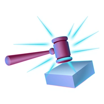 A wooden gavel with a polished surface is captured in mid-swing, striking a sound block to emphasize a sense of finality. Rays of light radiate outward from the point of impact, creating a dynamic contrast against a soft, diffused background. The gavel appears detailed, showcasing its grain and craftsmanship, while the light rays have a glowing quality, enhancing the dramatic effect of the moment.