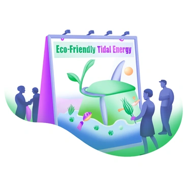 A modern pastel illustration of an eco-friendly tidal energy design model prominently displayed at an environmental expo. The model features a sleek, streamlined turbine in soft green and blue hues, set against a light-colored backdrop. Surrounding the turbine are miniature representations of ocean waves and marine life, including fish and seaweed, all illustrated in pastel shades. A banner above the model displays the words "Eco-Friendly Tidal Energy" in bold, contrasting letters. Attendees, depicted as small silhouettes, gather around the model, engaged in conversation and exploration.