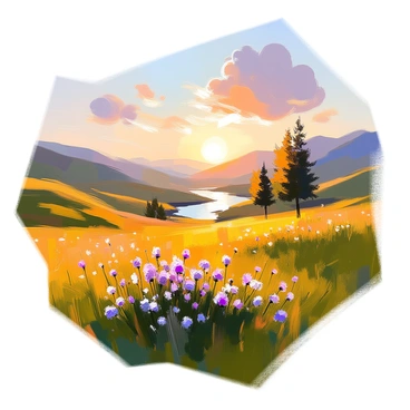 A peaceful valley is spread out, filled with lush green grass and gentle rolling hills. The golden light of the setting sun casts a warm glow over the landscape, illuminating clusters of wildflowers in shades of purple and yellow. In the distance, a meandering river reflects the sunlight as it winds its way through the valley. Silhouettes of tall trees stand along the riverbank, their leaves gently rustling in the soft breeze. A few fluffy clouds in the sky are tinged with pink and orange hues, completing the tranquil scene.
