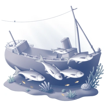 A group of herring swimming together in a formation. They are navigating through a sunken shipwreck that is partially covered in coral and seaweed. The structure of the ship is visible with broken masts, twisted metal, and barnacles clinging to its surface. Sunlight filters through the water above, creating patterns of light and shadow on the ocean floor. Smaller fish dart in and out of the wreckage, adding to the lively underwater scene.
