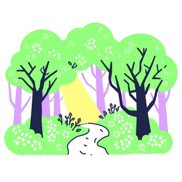 A woodland scene with dense trees creating a canopy above. On one side, soft light filters through the leaves, casting a warm glow that illuminates the underbrush in golden hues. The other side features cooler light, creating a silvery sheen on the ground, highlighting the textures of the forest floor. Trees are spaced evenly, with green foliage contrasting against the sunlight. Small flowers in clusters can be seen peeking through the greenery, while a narrow path winds through the scene, inviting exploration deeper into the woods.