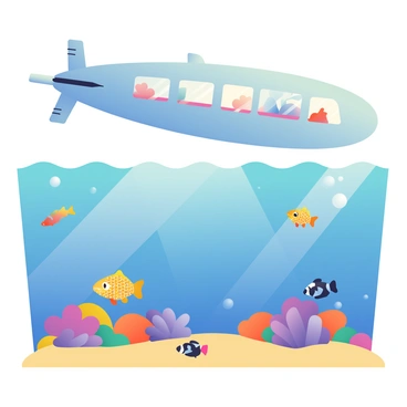 An airship with a sleek, elongated body and smooth, metallic surfaces is hovering just above a vibrant coral reef. The airship has large, transparent windows revealing an interior with soft lighting. Brightly colored corals in shades of purple, orange, and yellow are visible beneath the clear blue water. Various fish swim around the reef, including tropical species with vivid patterns. Sunlight filters through the water, casting shimmering reflections on the sand below. Bubbles rise from the reef, creating a dynamic sense of movement in the scene.
