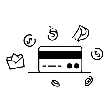 A credit card is positioned flat on a smooth surface, with its details clearly visible. Surrounding the credit card are various icons representing cashback, such as coins, dollar signs, and shopping bags, all illustrated in a swirling motion. The icons are arranged in a dynamic pattern, suggesting movement around the credit card. The overall composition emphasizes the concept of cashback rewards, with the credit card as the central focal point.