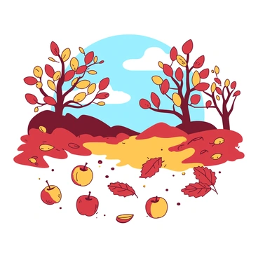 A cozy autumn landscape features a ground covered in vibrant orange and red leaves, with numerous fallen apples scattered among them. In the background, there are trees with branches adorned in shades of yellow and deep red. The sky above is a soft blue, creating a gentle contrast with the warm colors of the foliage. The scene evokes a sense of tranquility, with a hint of crispness in the air, perfect for capturing the essence of fall.