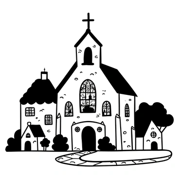 An old stone church stands in a quaint village, surrounded by a cobblestone path that winds through small cottages. The church features tall, pointed arches and a weathered façade, showing signs of age and history. Stained glass windows adorn the church, intricately designed with depictions of biblical stories, capturing various scenes in detailed patterns. A large wooden door is set at the front entrance, flanked by stone columns. Lush greenery surrounds the church, with a few trees and bushes providing contrast to the stone structure.