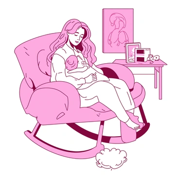 A pink new mother is gently cradling her baby in a white cozy rocking chair. The mother has soft, flowing hair and is wearing a comfortable, light-colored outfit. The baby is wrapped snugly in a soft white blanket, with a tiny hand peeking out. The rocking chair is situated in a warm, well-lit room adorned with plush cushions. There is a small, decorative shelf in the background with baby toys and a framed picture of a family. The scene conveys a feeling of tenderness and warmth.