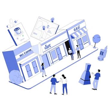 A street scene filled with various buildings and storefronts. People are walking along the sidewalk, some are looking at their smartphones. Augmented reality elements appear above the physical objects, showcasing virtual images like floating text and animated graphics. An advertisement for a cafe hovers above a storefront, with a steaming coffee cup and animated text saying "Best Coffee in Town". Nearby, a virtual map with highlighted routes is displayed above the ground. A group of friends points at an interactive 3D model of a landmark, which is levitating in front of them.