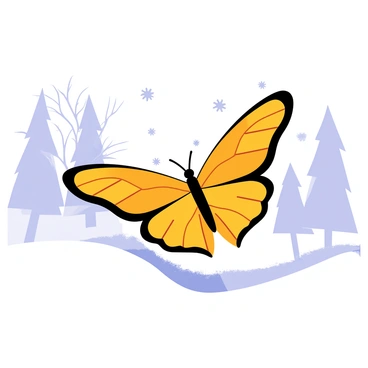 A vibrant orange and black "monarch butterfly" gracefully flutters above a pristine "snowy landscape". The ground is covered in a thick layer of white snow, glistening under the sunlight. "Gentle snowflakes" occasionally fall in the background, adding to the wintry scene. The butterfly's wings are spread wide, showcasing the intricate patterns as it moves through the chilly air. In the distance, there are "bare trees" with branches dusted lightly with snow, creating a serene setting for the butterfly's delicate dance.