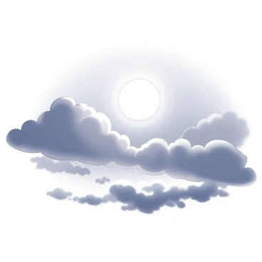 The sun is positioned in the sky, partially hidden behind thick, icy clouds. The clouds have a textured appearance, resembling frost or frost patterns. The light from the sun, muted and cold, filters through the gaps in the clouds, creating a stark contrast with the darker areas of the sky. The scene reflects a sense of chill, as shadows stretch across the landscape below, shaped by the diffused light.