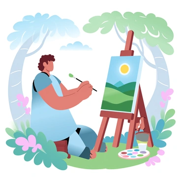 A creative hobbit is painting a landscape scene on a canvas that is set up outside in a lush garden filled with blooming flowers and vibrant greenery. The hobbit is wearing a colorful tunic and has short curly hair. He is focused on his work, holding a paintbrush with one hand while the other hand is mixing colors on a palette. The canvas displays a beautifully detailed depiction of rolling hills and a bright sky. Nearby, a wooden easel supports the canvas, and a small wooden table holds various art supplies and paints. The garden is surrounded by tall, leafy trees that provide dappled sunlight.