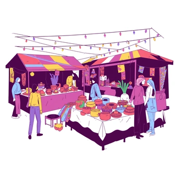 A vibrant open-air market filled with various stalls showcasing crafts from around the world. Each stall is adorned with colorful fabrics and unique decorations representing different cultures. A vendor at a stall is displaying intricate handmade pottery, while another stall features woven baskets in various sizes and patterns. Nearby, a table is loaded with vibrant textiles, including scarves and blankets, draped artistically. Shoppers of diverse backgrounds are browsing the stalls, examining the crafts, and engaging with the vendors. In the background, decorative string lights are hung above the market, adding to the lively atmosphere.