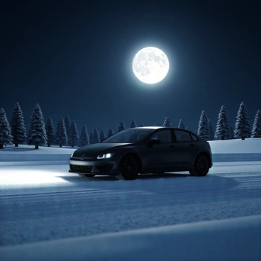 A black car silhouette is driving on a snowy highway. The car is sleek with smooth curves, and its headlights are off, creating a dramatic outline against the backdrop. The snowy highway is covered with fresh, bright white snow, which reflects the light of the "full moon" hanging in the night sky above. The moon casts a silvery glow over the landscape, illuminating the snow and creating shadows along the roadside. Sparse trees line the highway, their branches lightly dusted with snow. The atmosphere is quiet and tranquil, emphasizing the solitary journey of the car.