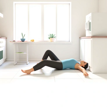 A person, wearing a blue tank top and black leggings, is performing heel slides on a light-colored tiled floor in a bright kitchen. The kitchen is equipped with modern appliances and has sunlight streaming in through a large window, illuminating the space. The person is lying on their back, with their legs extended straight and sliding one heel towards their buttocks while the other leg remains straight. In the background, there is a table with a fruit bowl and a potted plant on the windowsill, adding a touch of color to the scene.