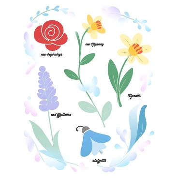 An illustrated page features various flowers, each labeled with their names and the symbols they represent. A vibrant red rose is positioned at the top, symbolizing love. Next to it, a yellow daffodil represents new beginnings. An elegant lavender flower is displayed, symbolizing calmness. A bluebell is included, symbolizing humility. Each flower is intricately illustrated with gradient pastel colors, giving it a soft appearance. Surrounding the flowers are decorative elements like swirling vines, soft clouds, and delicate butterflies, enhancing the floral theme of the page.