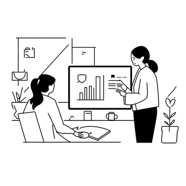 An intern shadowing a social media manager strategizing content in a vibrant workspace.