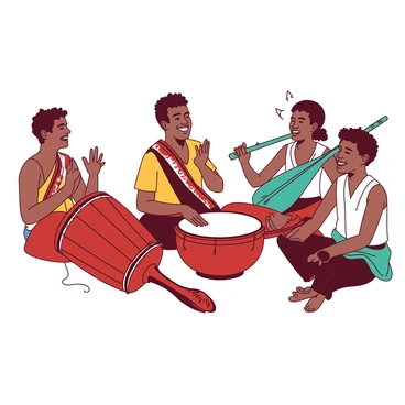 A group of musicians is performing with traditional instruments. One musician is playing a red drum, while another strums a teal sitar. Nearby, a third musician is blowing into a teal flute, creating harmonious sounds. In the center of the scene, Maveli is clapping along rhythmically, a joyful expression on his face. He is dressed in traditional attire with a colorful patterned sash. The musicians are fully engaged in their performance, and the atmosphere is lively and festive.