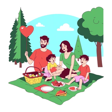 A group of four people, consisting of two adults and two children, is seated on a green picnic blanket in a park. The adults are smiling and engaging with the children, while one child is holding a red heart-shaped balloon, and the other child has a pink heart-shaped balloon. Surrounding them are various picnic items, including a yellow picnic basket, colorful plates, and fresh fruit arranged neatly. In the background, tall trees provide shade and a clear blue sky can be seen above, adding to the cheerful atmosphere of their picnic spot.