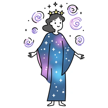 A cosmic figure representing "Artemis" stands tall, with a serene expression and an ethereal glow. She is adorned in a flowing robe that shimmers with varying shades of deep blue and violet, reflecting the colors of the universe. Around her head is a crown made of stars, twinkling softly against the backdrop. Her outstretched arms are surrounded by "swirling galaxies," each with distinct swirling patterns and colors. The scene conveys a sense of harmony, with small celestial bodies softly orbiting around her. The background features a deep, endless expanse of space with distant stars scattered throughout.