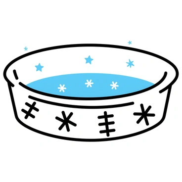 A dog bowl designed with a winter theme, showcasing a pattern of intricate "snowflakes" scattered across the surface. The bowl features illustrations of "pine trees" with detailed branches and needles, enhancing the seasonal feel. The colors used are cool shades of "blue" and "white," creating a crisp look reflective of winter. The bowl is set against a simple backdrop that emphasizes its design.